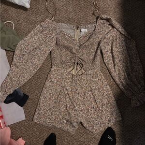 She + Sky Floral Tie-Front Blouse in Cream and Brown